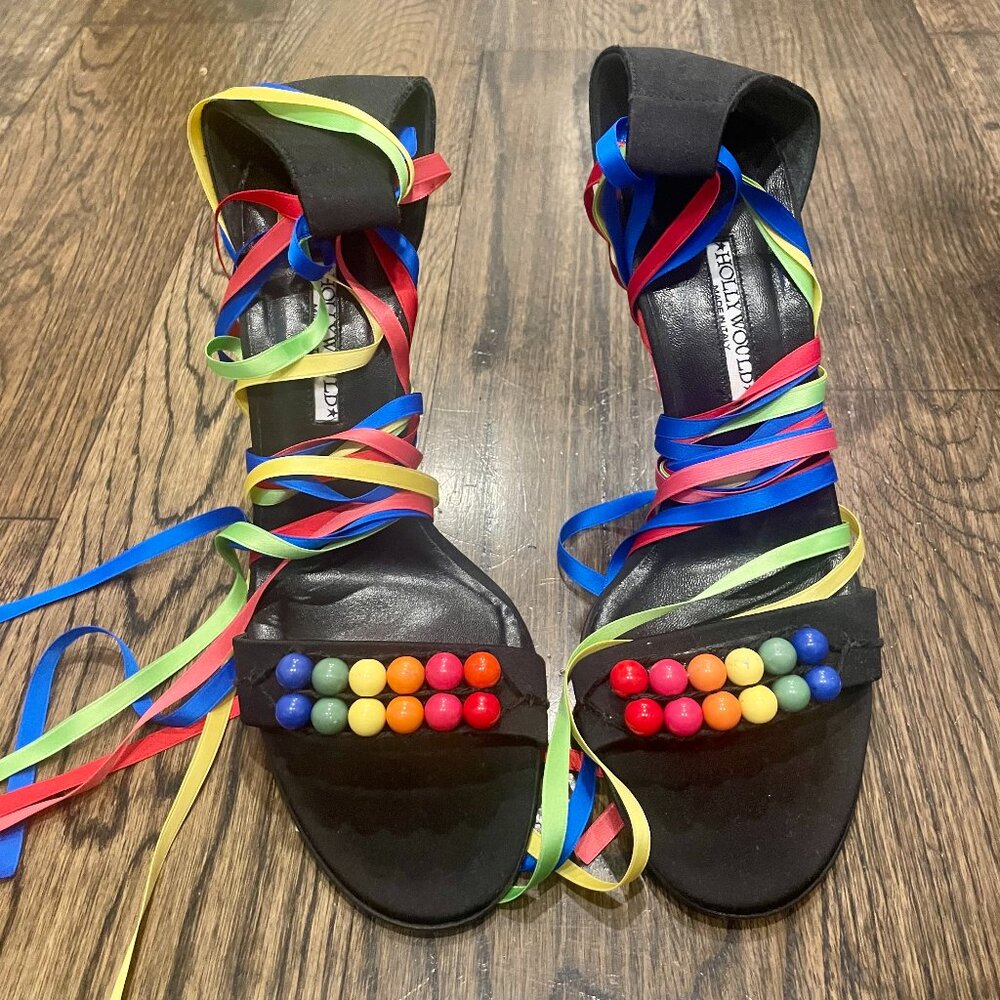 Hollywould Rainbow Ribbon Beaded Ankle Wrap Vintage Y2K Heels 8 Sandals Black